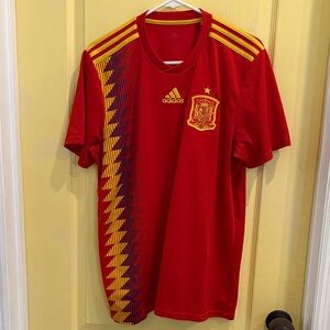adidas Red and Yellow Spain Soccer Jersey with Navy Accent